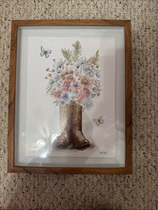 Other - Cowboy Boot Floral Print in Wooden Frame - Neutral Tones